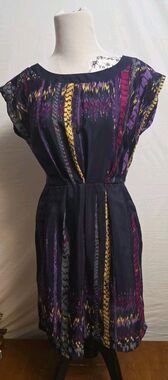 Fishbowl Dress Sz Small Navy Blue Multicolor Print Short Dolman Lightweight